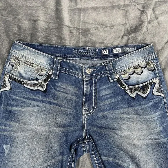 Miss Me Skinny Jeans Womens 31 Blue Medium Wash Embroidered Sequin Fringe - Picture 8 of 11